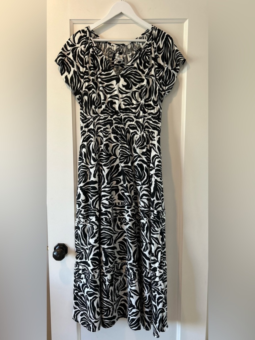 Nicole Miller Tropical Print Linen Blend Black & White Maxi Dress Size M